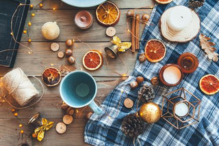 Essential oil bottles with winter botanicals