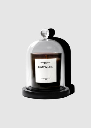 Country Linen Candle + Glass Cloche + Wooden Base